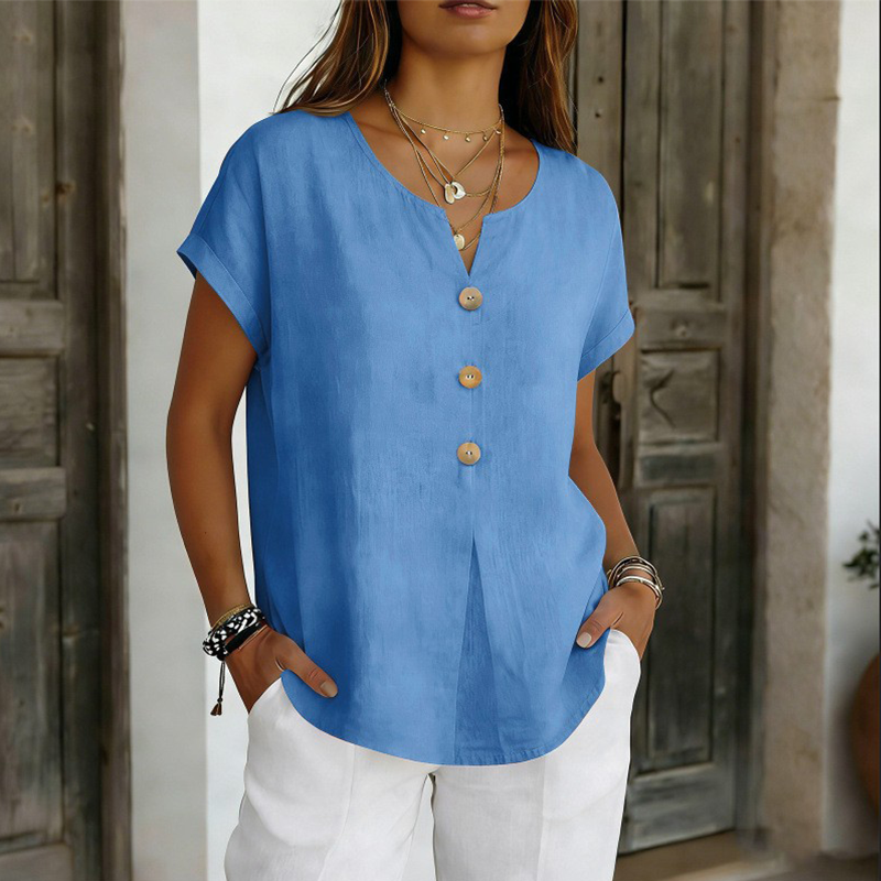 T-shirt casual feminina com decote em V e botões