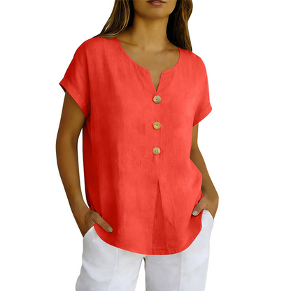 T-shirt casual feminina com decote em V e botões