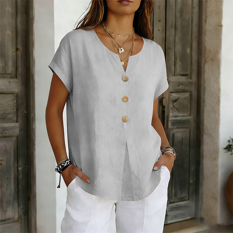 T-shirt casual feminina com decote em V e botões