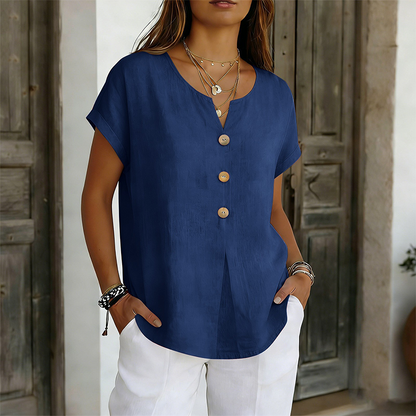 T-shirt casual feminina com decote em V e botões