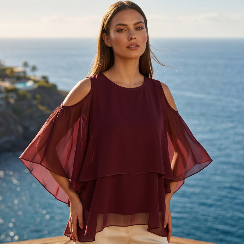 👚✨ Blusa Feminina de Verão com Ombros à Mostra e Babados – Elegante, Fresca e Cheia de Charme