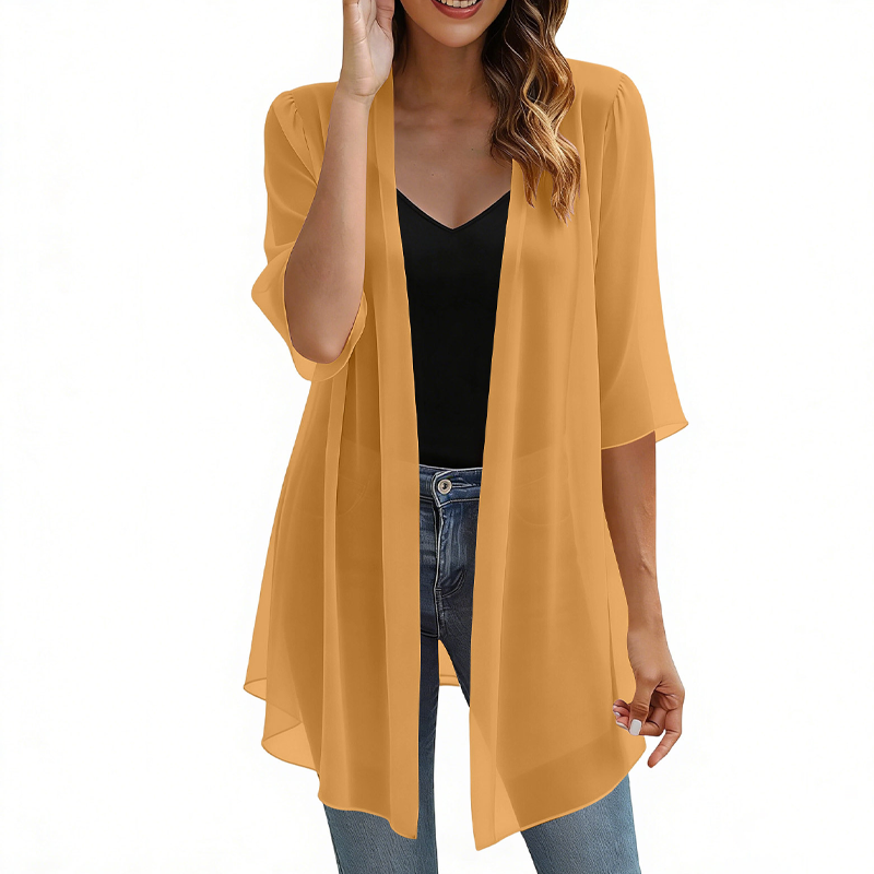 Casaco leve de chiffon com abertura frontal para mulher
