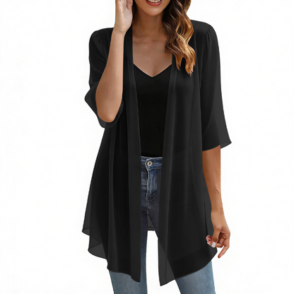Casaco leve de chiffon com abertura frontal para mulher