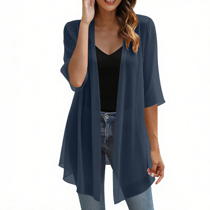 Casaco leve de chiffon com abertura frontal para mulher