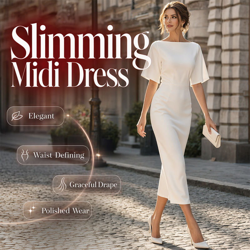 💃✨Vestido elegante de decote em barco e mangas esvoaçantes para mulher – Corte lisonjeador, ideal tanto para o escritório como para a noite 💕