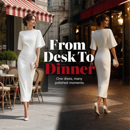 💃✨Vestido elegante de decote em barco e mangas esvoaçantes para mulher – Corte lisonjeador, ideal tanto para o escritório como para a noite 💕