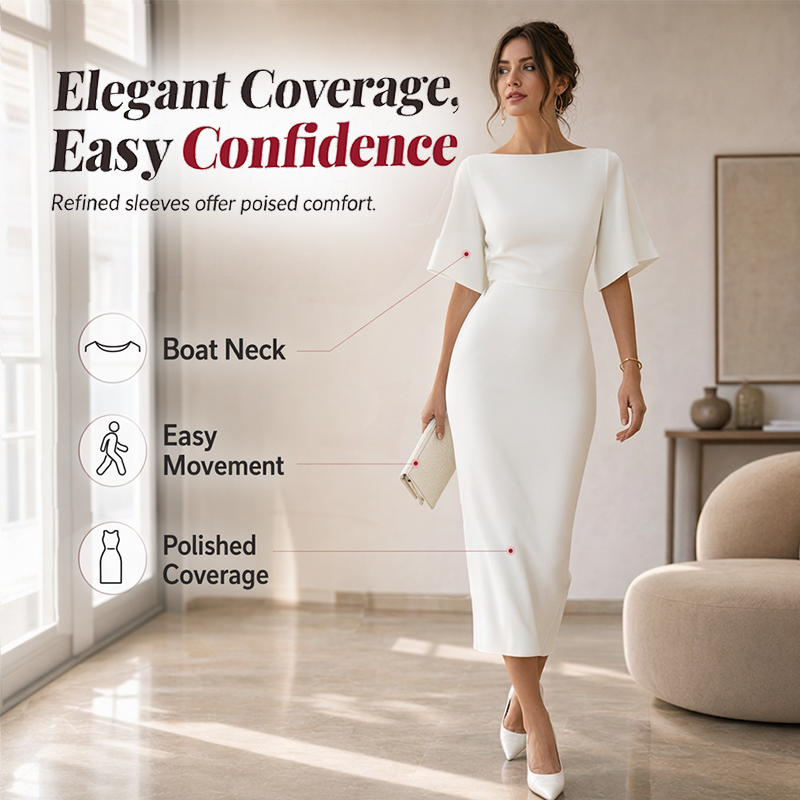 💃✨Vestido elegante de decote em barco e mangas esvoaçantes para mulher – Corte lisonjeador, ideal tanto para o escritório como para a noite 💕