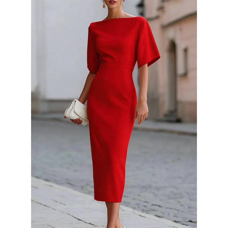 💃✨Vestido elegante de decote em barco e mangas esvoaçantes para mulher – Corte lisonjeador, ideal tanto para o escritório como para a noite 💕