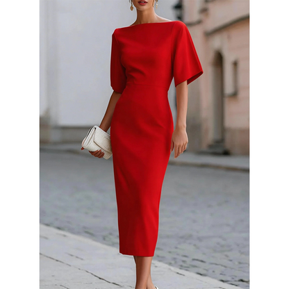 💃✨Vestido elegante de decote em barco e mangas esvoaçantes para mulher – Corte lisonjeador, ideal tanto para o escritório como para a noite 💕