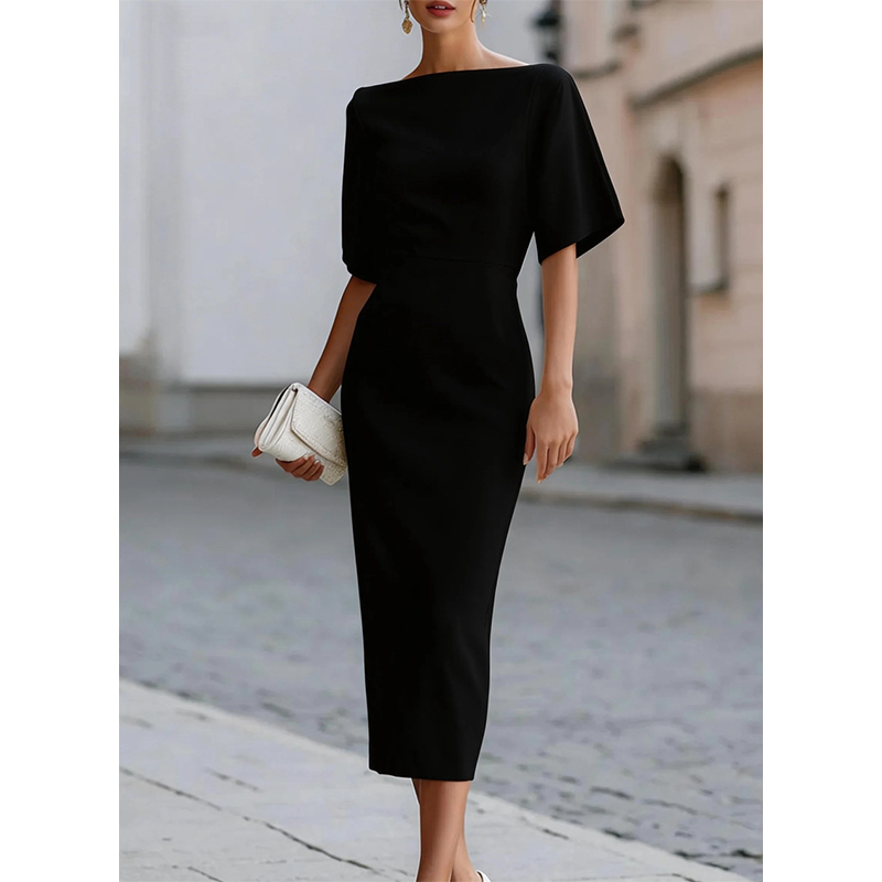 💃✨Vestido elegante de decote em barco e mangas esvoaçantes para mulher – Corte lisonjeador, ideal tanto para o escritório como para a noite 💕