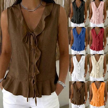 🌬️Top leve com acabamento em folhos — Tecido de chiffon arejado | Decote em V | Mantém-te fresca nos dias quentes