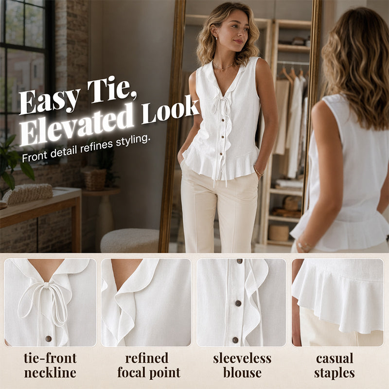 🌬️Top leve com acabamento em folhos — Tecido de chiffon arejado | Decote em V | Mantém-te fresca nos dias quentes