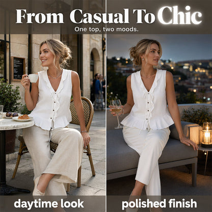 🌬️Top leve com acabamento em folhos — Tecido de chiffon arejado | Decote em V | Mantém-te fresca nos dias quentes