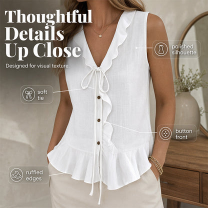 🌬️Top leve com acabamento em folhos — Tecido de chiffon arejado | Decote em V | Mantém-te fresca nos dias quentes