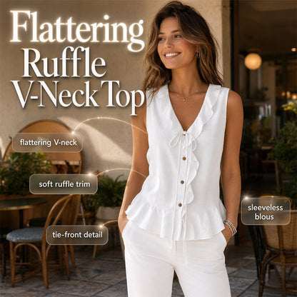 🌬️Top leve com acabamento em folhos — Tecido de chiffon arejado | Decote em V | Mantém-te fresca nos dias quentes