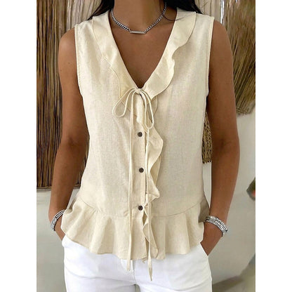 🌬️Top leve com acabamento em folhos — Tecido de chiffon arejado | Decote em V | Mantém-te fresca nos dias quentes