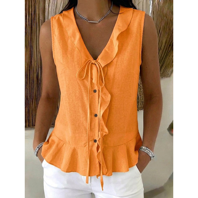 🌬️Top leve com acabamento em folhos — Tecido de chiffon arejado | Decote em V | Mantém-te fresca nos dias quentes