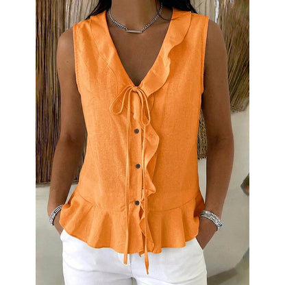 🌬️Top leve com acabamento em folhos — Tecido de chiffon arejado | Decote em V | Mantém-te fresca nos dias quentes