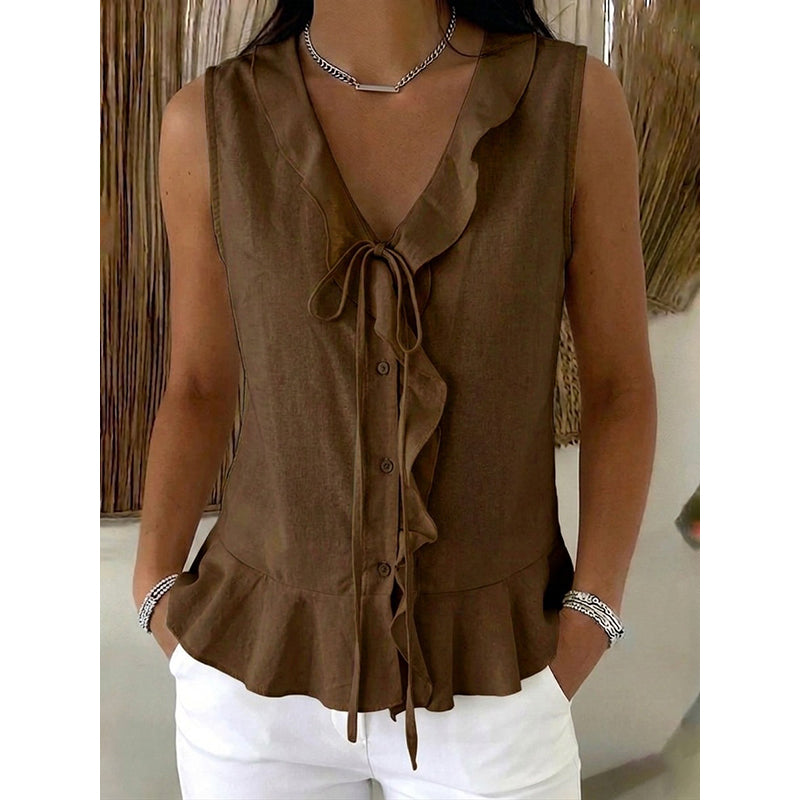 🌬️Top leve com acabamento em folhos — Tecido de chiffon arejado | Decote em V | Mantém-te fresca nos dias quentes