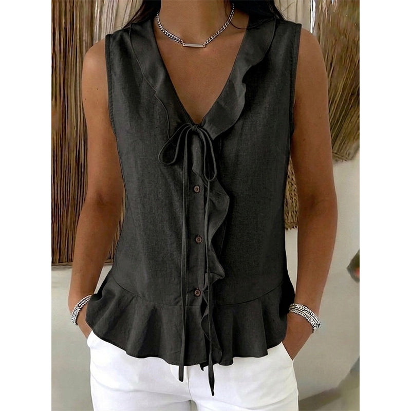 🌬️Top leve com acabamento em folhos — Tecido de chiffon arejado | Decote em V | Mantém-te fresca nos dias quentes