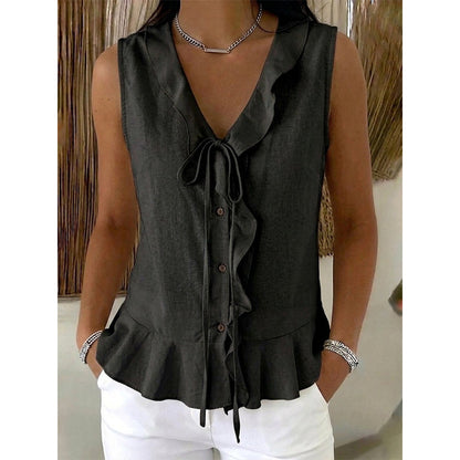 🌬️Top leve com acabamento em folhos — Tecido de chiffon arejado | Decote em V | Mantém-te fresca nos dias quentes