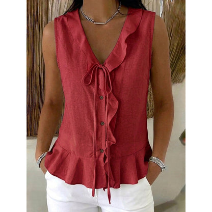 🌬️Top leve com acabamento em folhos — Tecido de chiffon arejado | Decote em V | Mantém-te fresca nos dias quentes