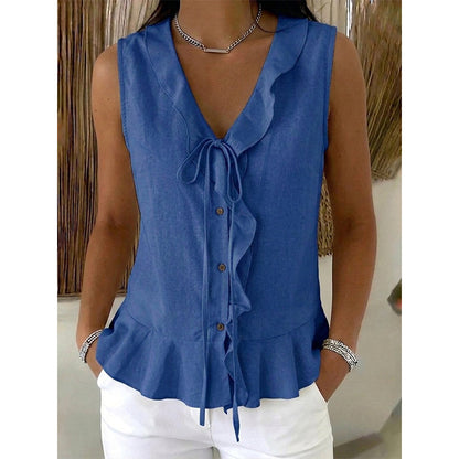🌬️Top leve com acabamento em folhos — Tecido de chiffon arejado | Decote em V | Mantém-te fresca nos dias quentes