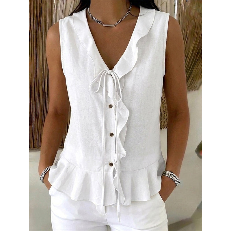 🌬️Top leve com acabamento em folhos — Tecido de chiffon arejado | Decote em V | Mantém-te fresca nos dias quentes