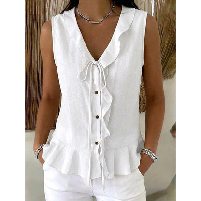 🌬️Top leve com acabamento em folhos — Tecido de chiffon arejado | Decote em V | Mantém-te fresca nos dias quentes