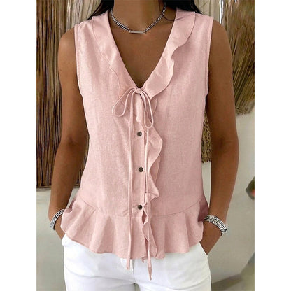 🌬️Top leve com acabamento em folhos — Tecido de chiffon arejado | Decote em V | Mantém-te fresca nos dias quentes