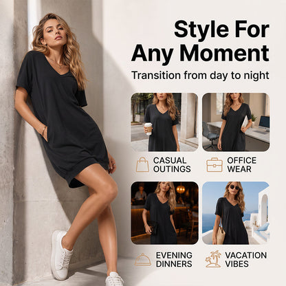 Vestido-camisola com decote em V para mulher, tamanho grande