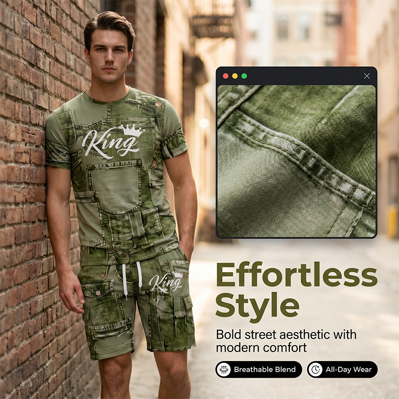 👕Conjunto de t-shirt e calções casuais para homem com estampado de imitação de ganga🩳✨