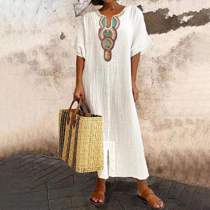 ✨👗Vestido Maxi Boho Bordado | Mistura Respirável & Corte Solto ✨