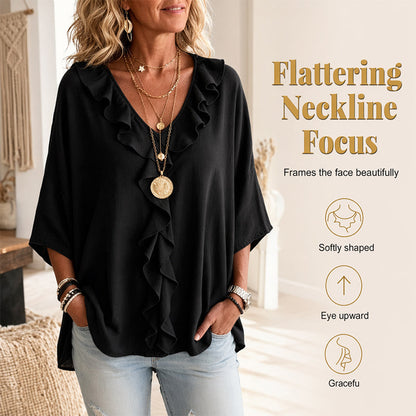 🔥 50% DE DESCONTO ✨ Blusa com Decote em V e Babados – Elegante & Confortável