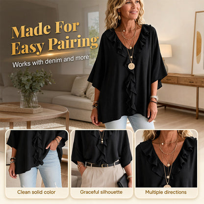 🔥 50% DE DESCONTO ✨ Blusa com Decote em V e Babados – Elegante & Confortável