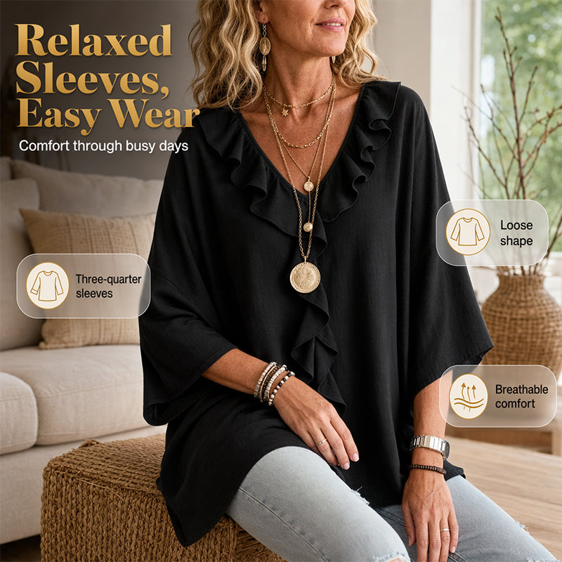 🔥 50% DE DESCONTO ✨ Blusa com Decote em V e Babados – Elegante & Confortável