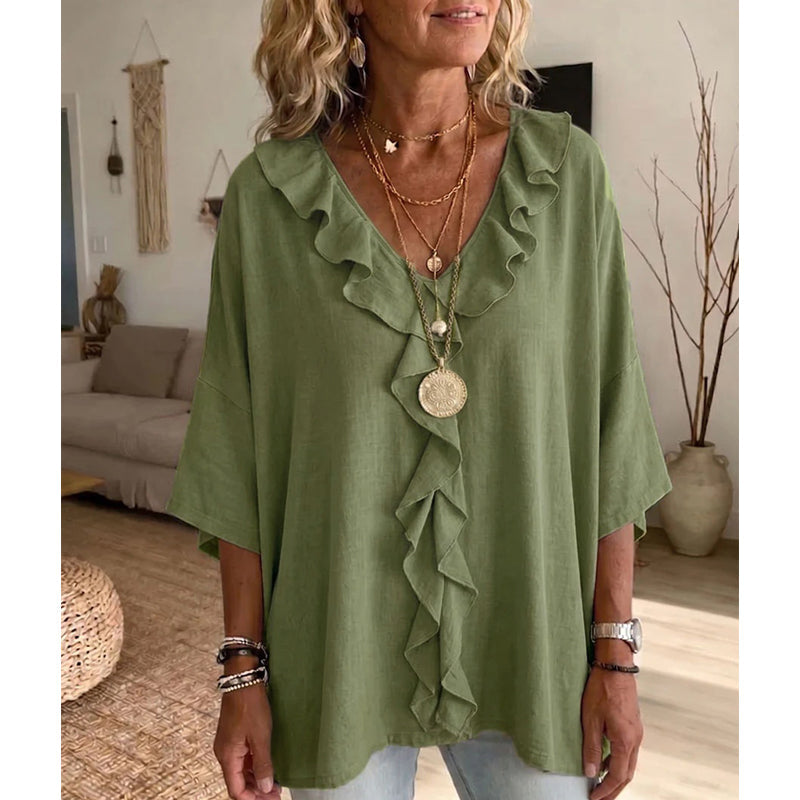 🔥 50% DE DESCONTO ✨ Blusa com Decote em V e Babados – Elegante & Confortável