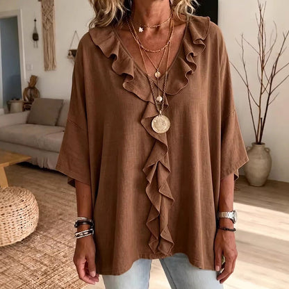 🔥 50% DE DESCONTO ✨ Blusa com Decote em V e Babados – Elegante & Confortável