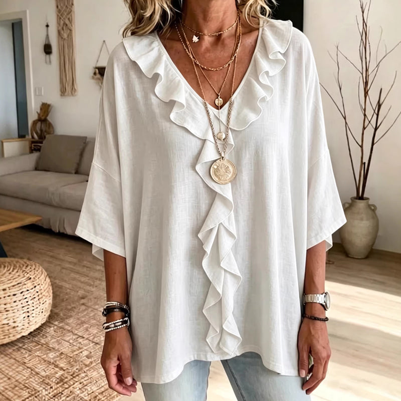 🔥 50% DE DESCONTO ✨ Blusa com Decote em V e Babados – Elegante & Confortável