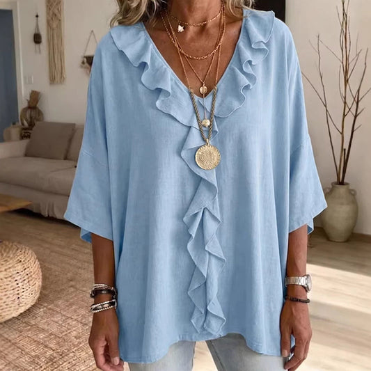 🔥 50% DE DESCONTO ✨ Blusa com Decote em V e Babados – Elegante & Confortável