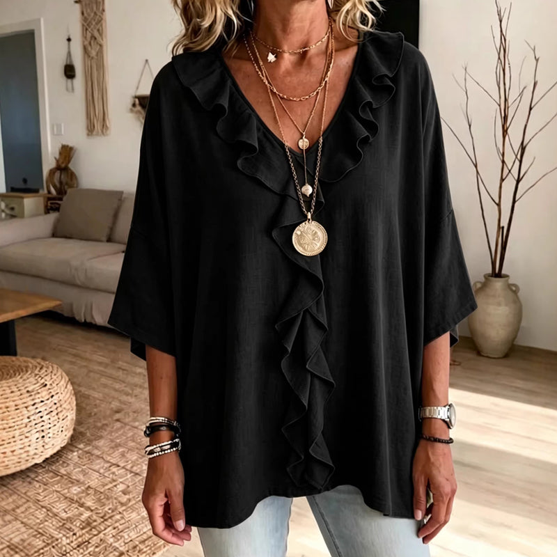 🔥 50% DE DESCONTO ✨ Blusa com Decote em V e Babados – Elegante & Confortável