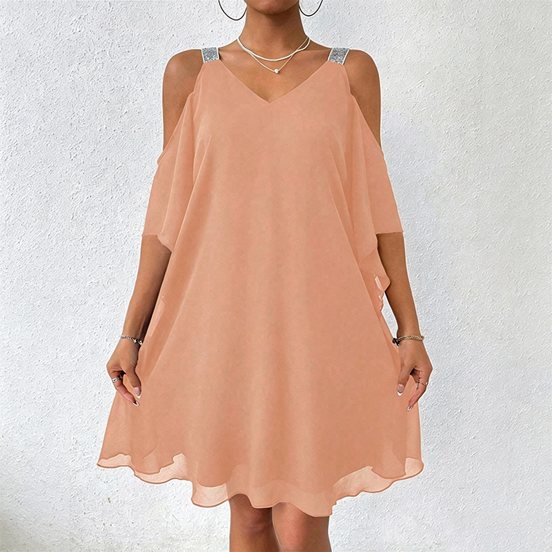 ✨👗 POR TEMPO LIMITADO, 50% DE DESCONTO! 💃Vestido comprido com decote em V e ombros à mostra – Recortes modernos e um corte elegante – Arrase em qualquer evento.