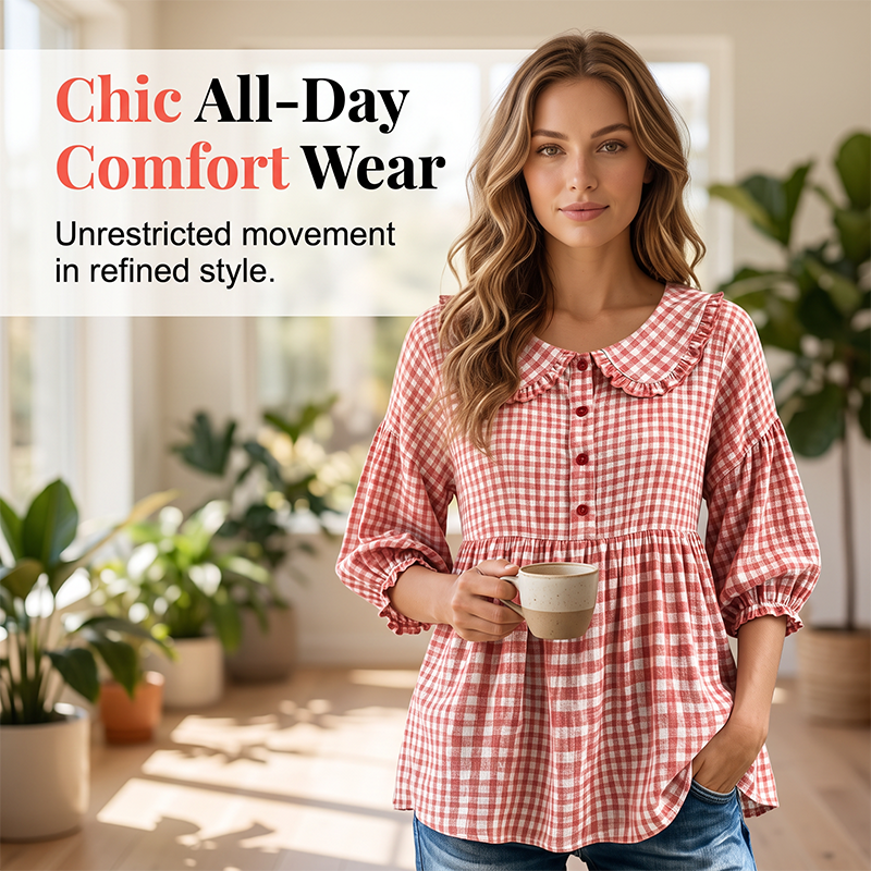 ⌛Oferta por tempo limitado - Blusa casual para mulher com estampado xadrez vichy