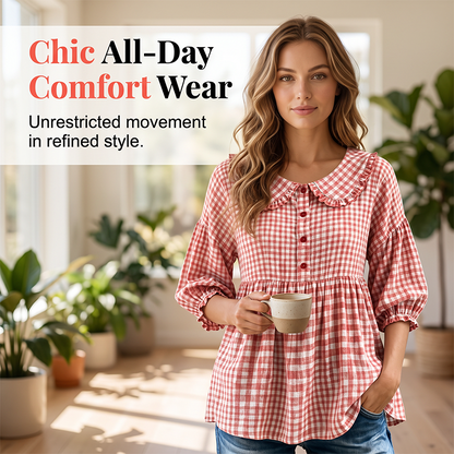 ⌛Oferta por tempo limitado - Blusa casual para mulher com estampado xadrez vichy