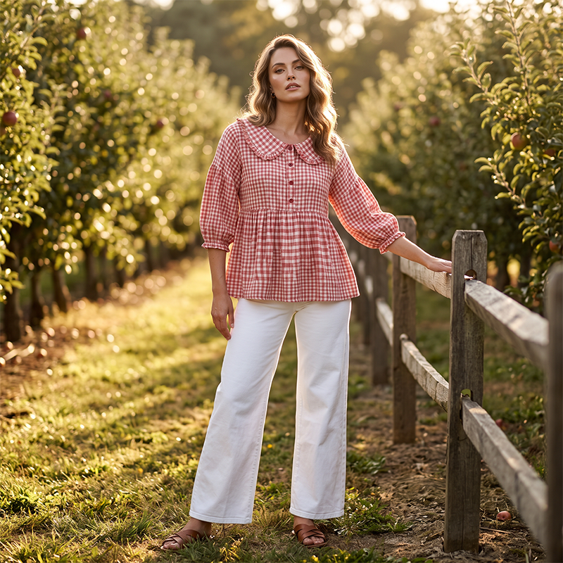 ⌛Oferta por tempo limitado - Blusa casual para mulher com estampado xadrez vichy