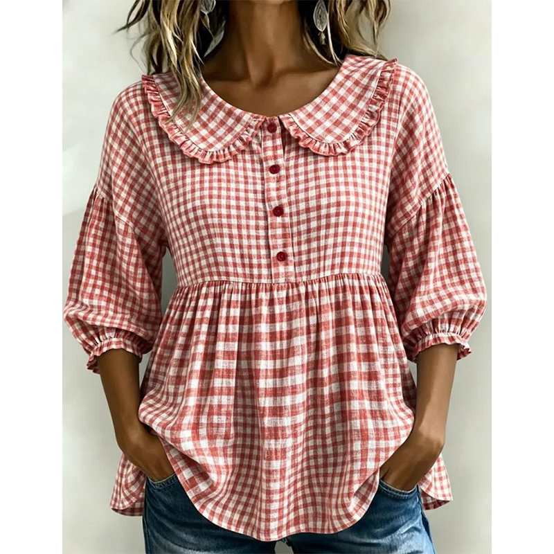 ⌛Oferta por tempo limitado - Blusa casual para mulher com estampado xadrez vichy