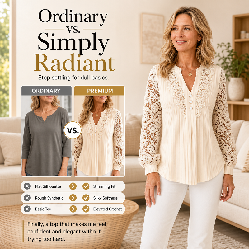 ✨Top feminino de manga comprida com decote em V e patchwork de renda – Elegância feminina com conforto para o dia a dia 🌸