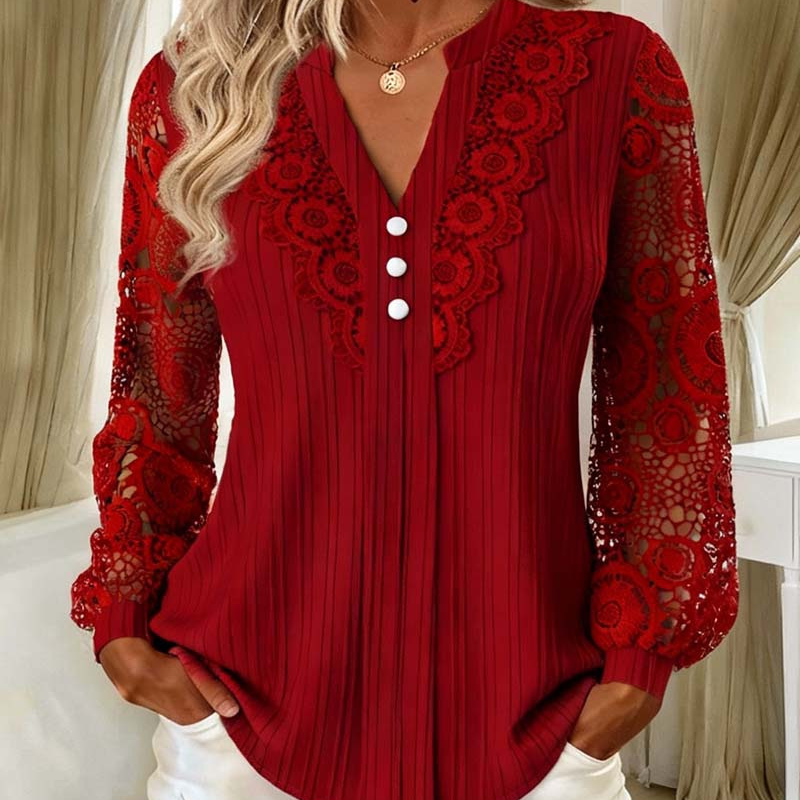 ✨Top feminino de manga comprida com decote em V e patchwork de renda – Elegância feminina com conforto para o dia a dia 🌸