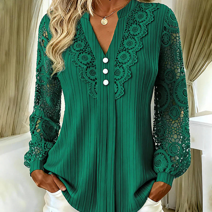 ✨Top feminino de manga comprida com decote em V e patchwork de renda – Elegância feminina com conforto para o dia a dia 🌸