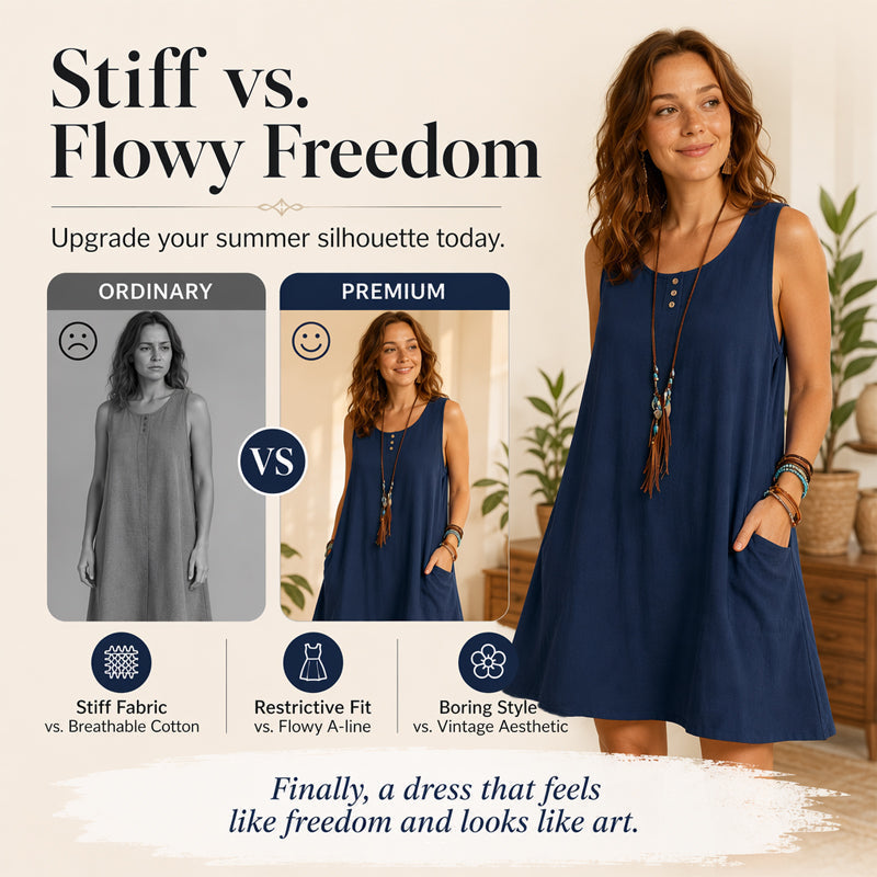 🌿Vestido largo sem mangas em algodão e linho com bolsos